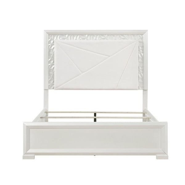English Elm Glam Pearl White Full Bed with LED Headboard Rhombus Embossed Upholstered Frame B011S02592