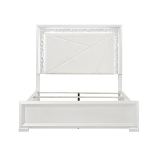 English Elm Glam Pearl White Full Bed with LED Headboard Rhombus Embossed Upholstered Frame B011S02592