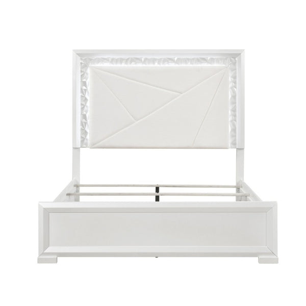 English Elm Glam Pearl White Full Bed with LED Headboard Rhombus Embossed Upholstered Frame B011S02592