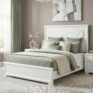 English Elm Glam Pearl White California King Bed with LED Backlit Upholstered Headboard B011S02593