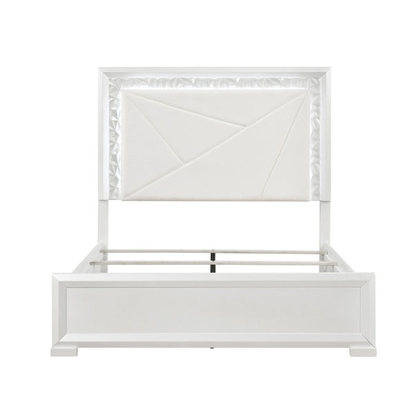 English Elm Glam Pearl White California King Bed with LED Backlit Upholstered Headboard B011S02593