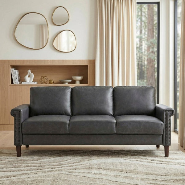 English Elm Transitional 3 Piece Faux Leather Sofa Set with Nailhead Trim for Living Rooms Dark Gray B011S02599