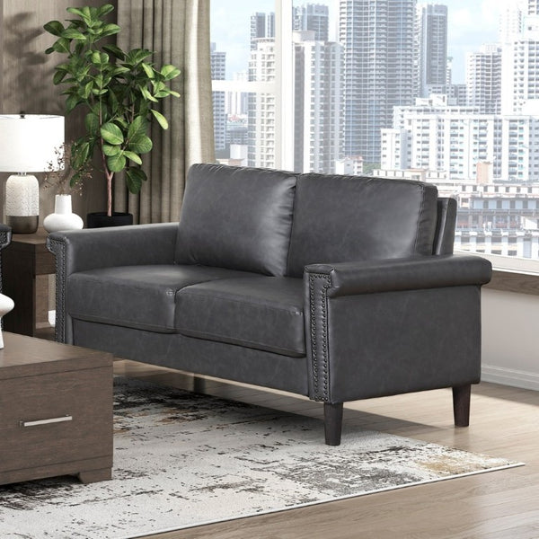 English Elm Transitional 3 Piece Faux Leather Sofa Set with Nailhead Trim for Living Rooms Dark Gray B011S02599