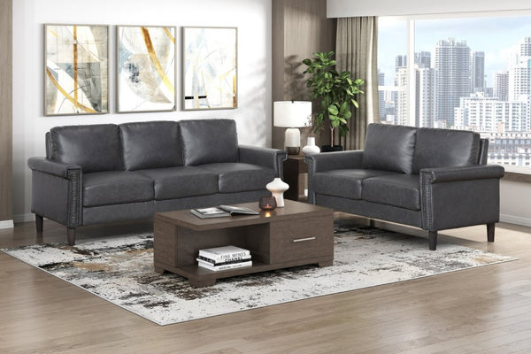 English Elm Transitional Faux Leather Sofa and Loveseat Set with Nailhead Trim for Living Rooms Dark Gray B011S02600