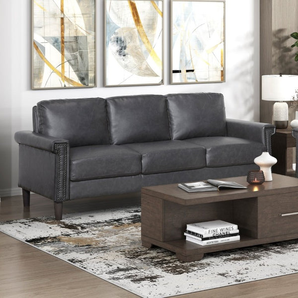 English Elm Transitional Faux Leather Sofa and Loveseat Set with Nailhead Trim for Living Rooms Dark Gray B011S02600