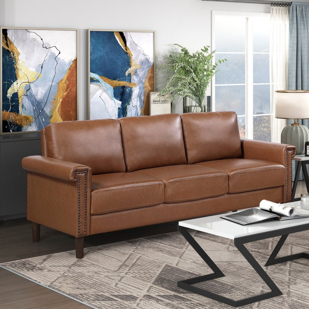 English Elm Transitional Faux Leather Sofa and Loveseat Set with Nailhead Trim for Living Room B011S02601