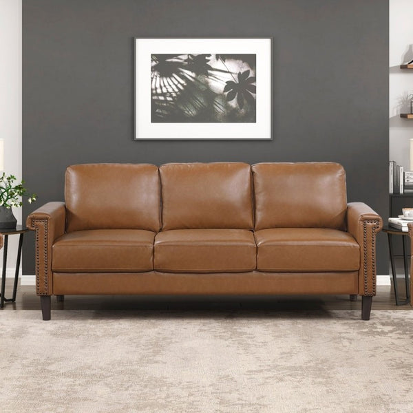 English Elm Transitional 3 Piece Faux Leather Sofa Set with Nailhead Trim for Living Rooms Brown B011S02603