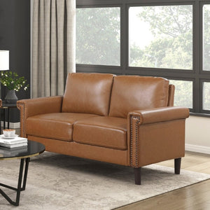 English Elm Transitional 3 Piece Faux Leather Sofa Set with Nailhead Trim for Living Rooms Brown B011S02603