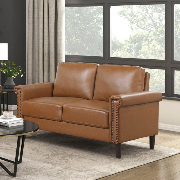 English Elm Transitional 3 Piece Faux Leather Sofa Set with Nailhead Trim for Living Rooms Brown B011S02603