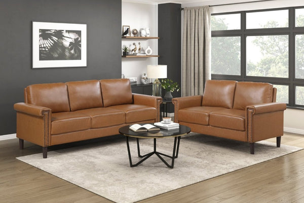 English Elm Transitional Faux Leather Sofa and Loveseat Set with Nailhead Trim for Living Rooms Brown B011S02604