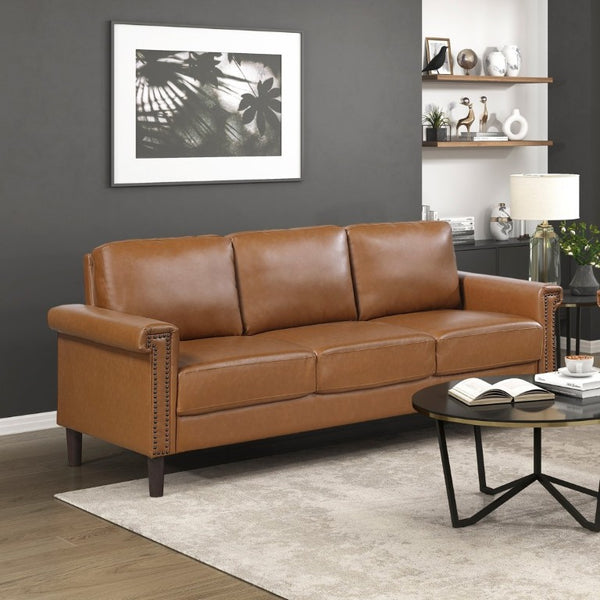 English Elm Transitional Faux Leather Sofa and Loveseat Set with Nailhead Trim for Living Rooms Brown B011S02604