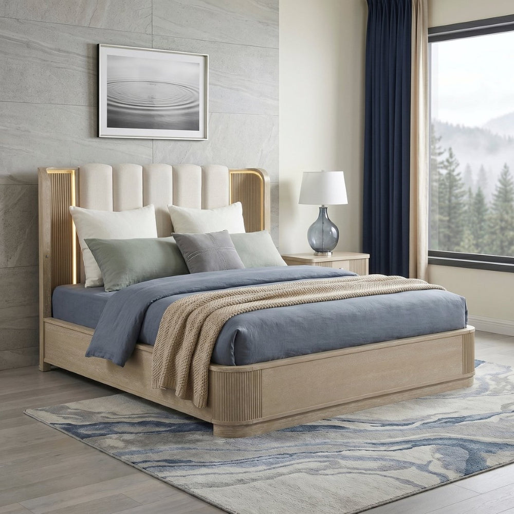English Elm Luxury Queen Bed Fluted Oak Frame Channel Tufted Headboard with Integrated Led Backlighting B011S02612