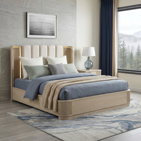 English Elm Luxury Queen Bed Fluted Oak Frame Channel Tufted Headboard with Integrated Led Backlighting B011S02612