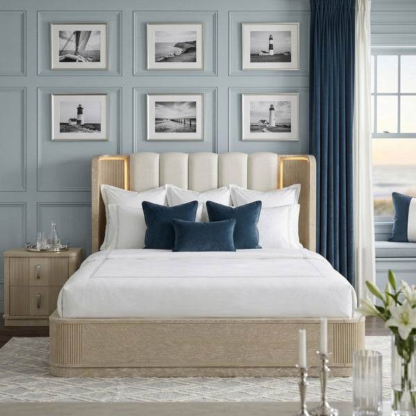 English Elm Luxury Queen Bed Fluted Oak Frame Channel Tufted Headboard with Integrated Led Backlighting B011S02612