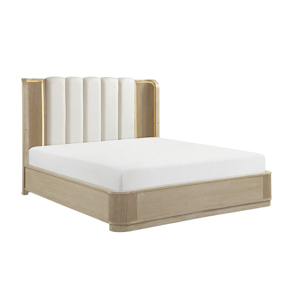 English Elm Luxury Queen Bed Fluted Oak Frame Channel Tufted Headboard with Integrated Led Backlighting B011S02612
