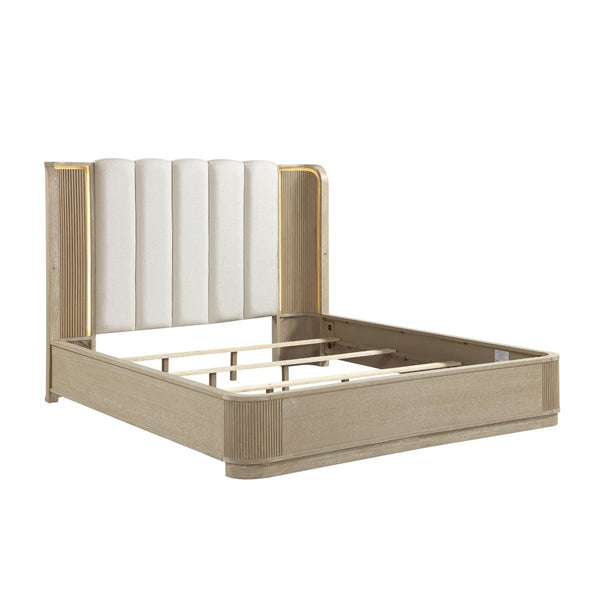 English Elm Luxury Queen Bed Fluted Oak Frame Channel Tufted Headboard with Integrated Led Backlighting B011S02612