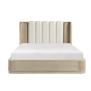 English Elm Luxury Queen Bed Fluted Oak Frame Channel Tufted Headboard with Integrated Led Backlighting B011S02612