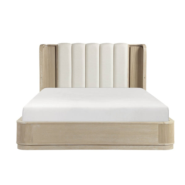 English Elm Luxury Queen Bed Fluted Oak Frame Channel Tufted Headboard with Integrated Led Backlighting B011S02612