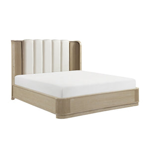 English Elm Luxury Queen Bed Fluted Oak Frame Channel Tufted Headboard with Integrated Led Backlighting B011S02612