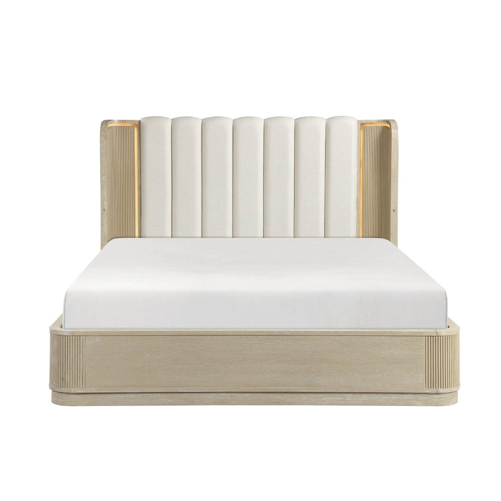 English Elm Luxury California King Upholstered Bed with LED Lighting and Fluted Oak Headboard B011S02613