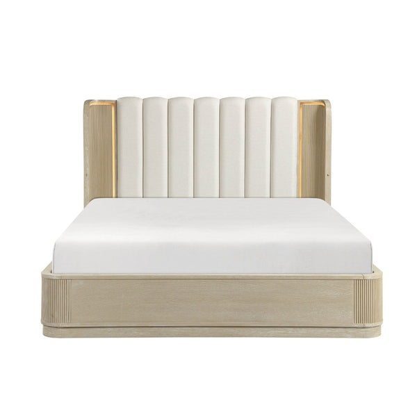 English Elm Luxury California King Upholstered Bed with LED Lighting and Fluted Oak Headboard B011S02613