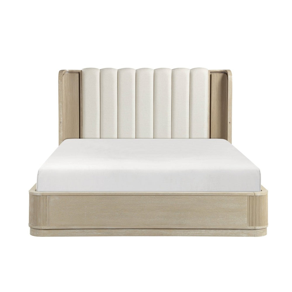 English Elm Luxury California King Upholstered Bed with LED Lighting and Fluted Oak Headboard B011S02613