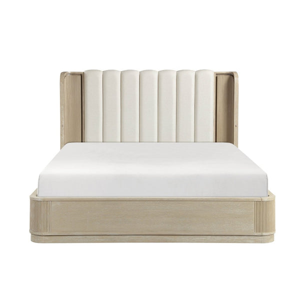 English Elm Luxury California King Upholstered Bed with LED Lighting and Fluted Oak Headboard B011S02613