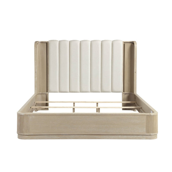 English Elm Luxury California King Upholstered Bed with LED Lighting and Fluted Oak Headboard B011S02613