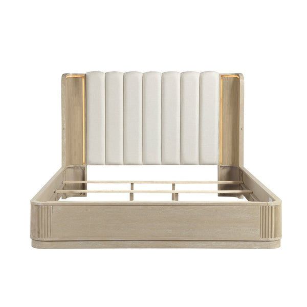 English Elm Luxury California King Upholstered Bed with LED Lighting and Fluted Oak Headboard B011S02613