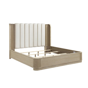 English Elm Luxury California King Upholstered Bed with LED Lighting and Fluted Oak Headboard B011S02613