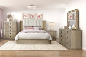 English Elm Luxury King Bed Oak Veneer Fluted Panels LED Backlit Tufted Headboard Warm Brown B011S02614