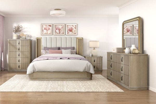 English Elm Luxury King Bed Oak Veneer Fluted Panels LED Backlit Tufted Headboard Warm Brown B011S02614
