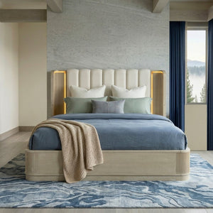 English Elm Luxury King Bed Oak Veneer Fluted Panels LED Backlit Tufted Headboard Warm Brown B011S02614