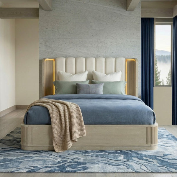 English Elm Luxury King Bed Oak Veneer Fluted Panels LED Backlit Tufted Headboard Warm Brown B011S02614