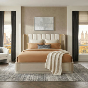 English Elm Luxury King Bed Oak Veneer Fluted Panels LED Backlit Tufted Headboard Warm Brown B011S02614
