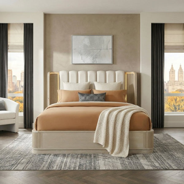 English Elm Luxury King Bed Oak Veneer Fluted Panels LED Backlit Tufted Headboard Warm Brown B011S02614