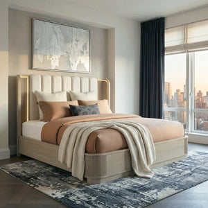 English Elm Luxury King Bed Oak Veneer Fluted Panels LED Backlit Tufted Headboard Warm Brown B011S02614