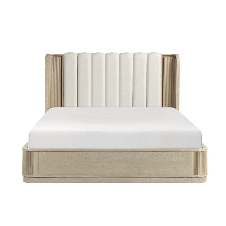 English Elm Luxury King Bed Oak Veneer Fluted Panels LED Backlit Tufted Headboard Warm Brown B011S02614