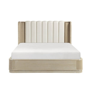 English Elm Luxury King Bed Oak Veneer Fluted Panels LED Backlit Tufted Headboard Warm Brown B011S02614