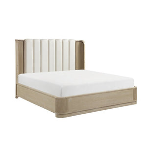 English Elm Luxury King Bed Oak Veneer Fluted Panels LED Backlit Tufted Headboard Warm Brown B011S02614