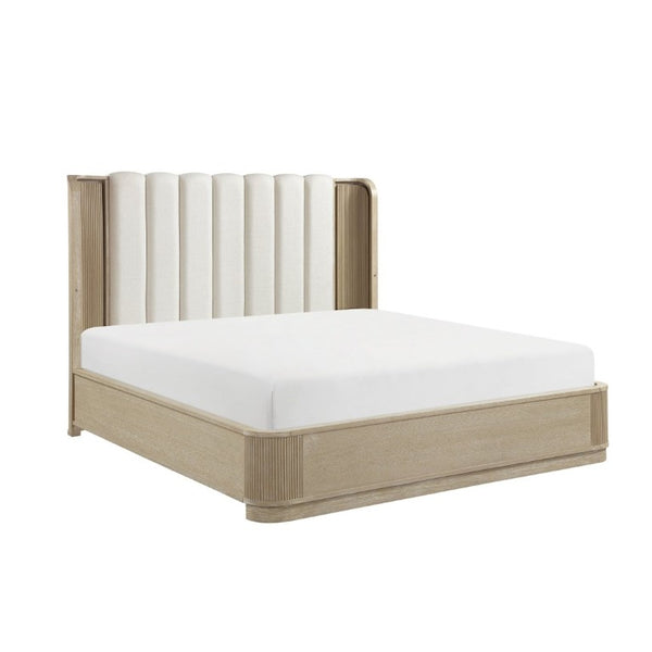 English Elm Luxury King Bed Oak Veneer Fluted Panels LED Backlit Tufted Headboard Warm Brown B011S02614