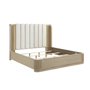 English Elm Luxury King Bed Oak Veneer Fluted Panels LED Backlit Tufted Headboard Warm Brown B011S02614