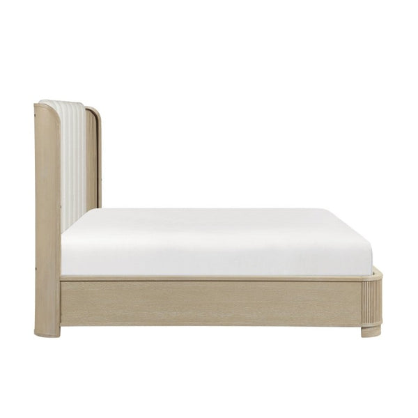 English Elm Luxury King Bed Oak Veneer Fluted Panels LED Backlit Tufted Headboard Warm Brown B011S02614