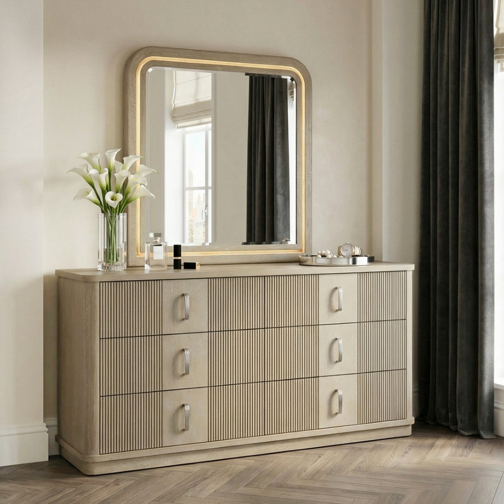 English Elm Luxury Six Drawer Oak Veneer Dresser with Led Mirror Fluted Fronts Glam Bedroom B011S02615
