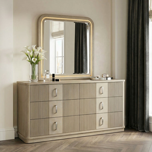 English Elm Luxury Six Drawer Oak Veneer Dresser with Led Mirror Fluted Fronts Glam Bedroom B011S02615
