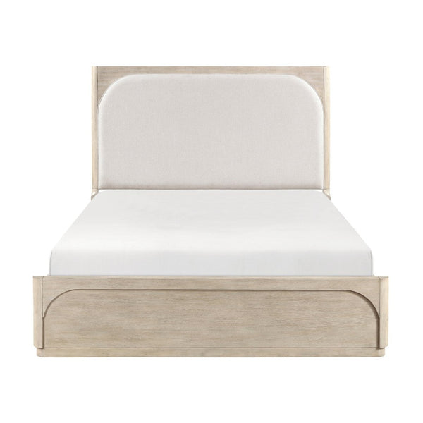English Elm Modern Queen Bed Arched Upholstered Headboard Oak Veneer Light Gray Bedroom Frame B011S02620