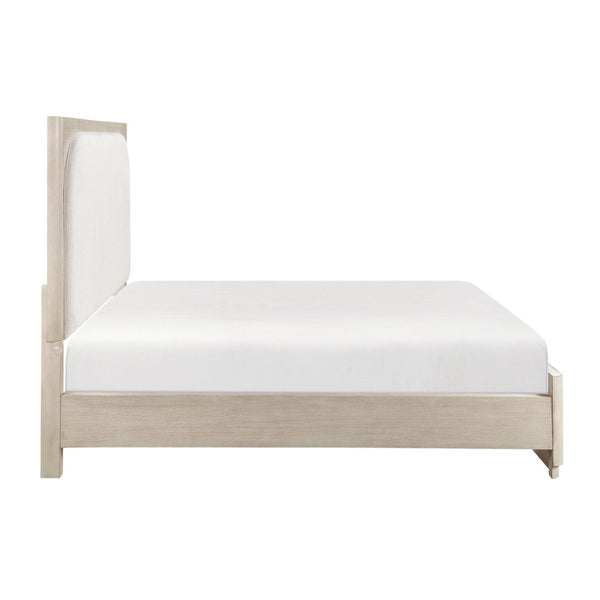 English Elm Modern Queen Bed Arched Upholstered Headboard Oak Veneer Light Gray Bedroom Frame B011S02620
