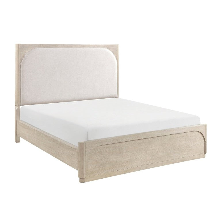 English Elm Modern California King Arched Upholstered Bed Oak Veneer Frame Beige Fabric Headboard B011S02621