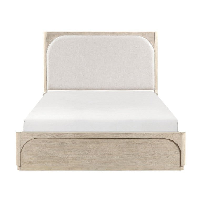 English Elm Modern California King Arched Upholstered Bed Oak Veneer Frame Beige Fabric Headboard B011S02621