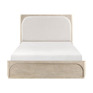 English Elm Modern California King Arched Upholstered Bed Oak Veneer Frame Beige Fabric Headboard B011S02621